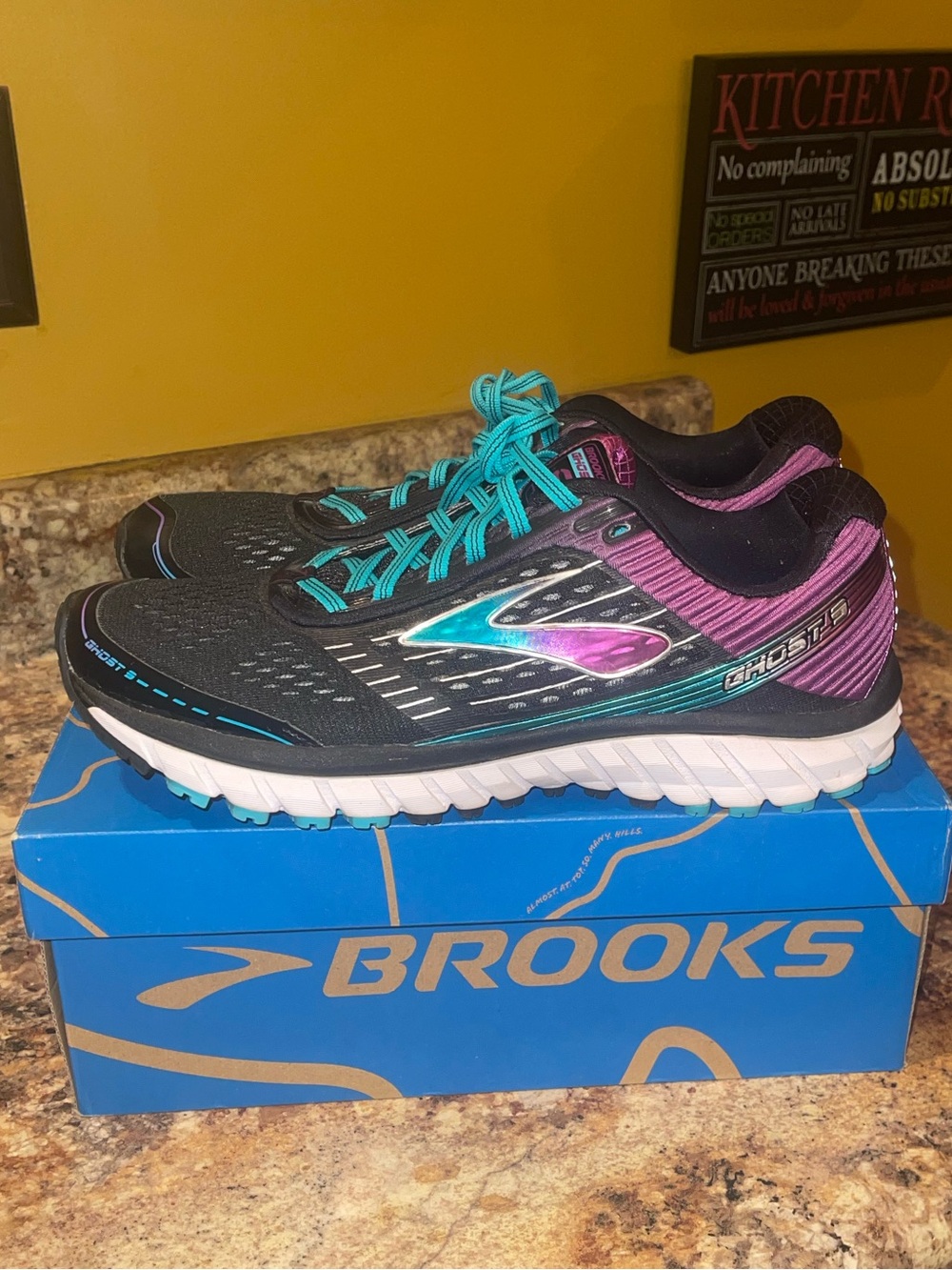 Brooks Ghost 9 Women's Running Shoes - Black with Teal & Purple Accents - Picture 3 of 7